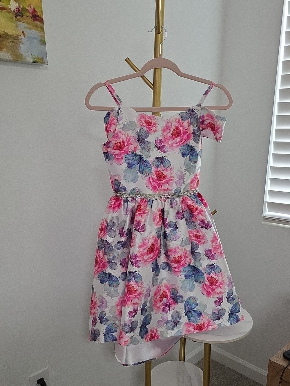 Rare Editions Pink & Blue Floral Off-Shoulder Party Dress